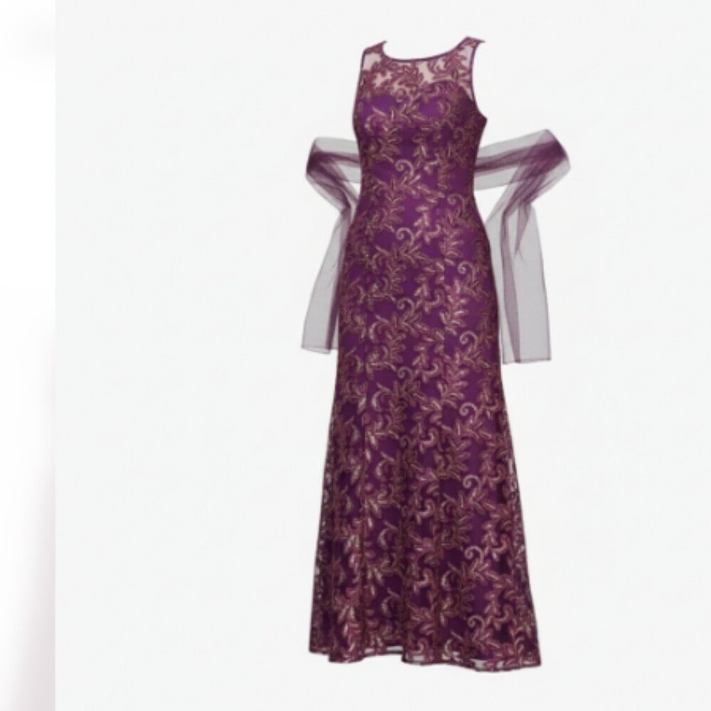 Alex Evenings Dress 14P Petite Plum Lace Beaded Mother Bride Gown Shawl NWT